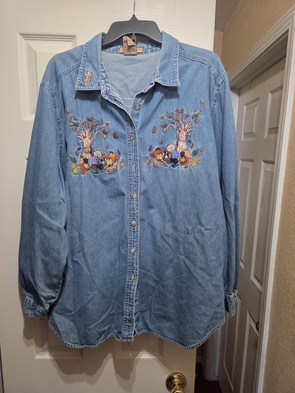 Just My Size Light Blue Embroidered Denim Button-Down Shirt